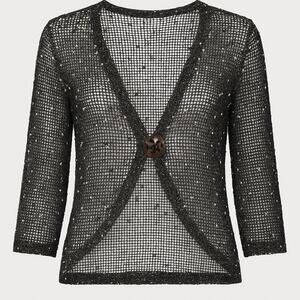 Vintage Charlie Paige Sheer Open Knit Cardigan Black Cream Fleck Big Button S/M